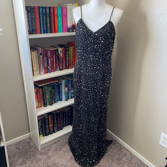 VINTAGE SCALA Black 100% Silk Beaded Sequin Maxi Gown Size Large - Picture 1 of 12
